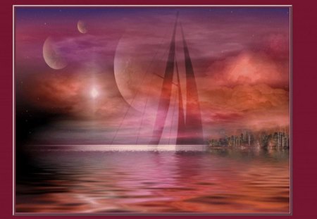 PINK SUNSET - planets, sunset, sail boat, water, city, pink, sky