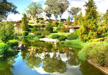 Japanese Gardens In Cowra - green, house, grass, pond