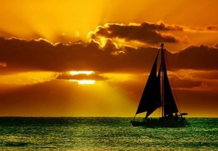 Sailing At Sunset - sunset, ocean, nature, sailboat