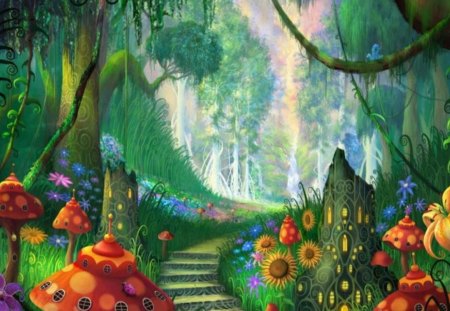 Path To Fantasy - colorful, fantasy, mushrroms, kid safe