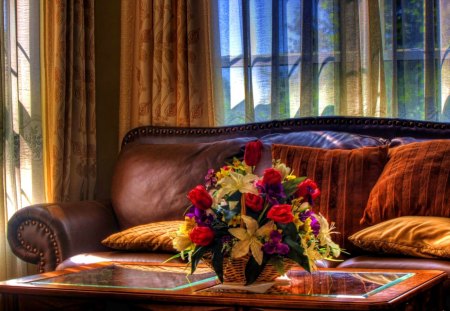 Cozy home - nice, windows, sofa, room, lovely, curtain, vase, home, calmness, pretty, cozy, beautiful, table, house, flowers