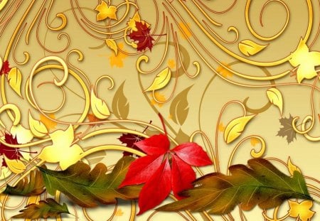 Autumn ornaments - pretty, yellow, beautiful, lovely, leaves, harmony, fall, autumn, red, ornaments, nice, golden, foliage, wall