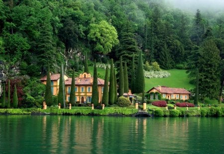 Village on riverbank - nice, cottage, trees, riverbank, peaceful, countryside, greenery, calm, reflection, emerald, river, green, houses, lake, summer, shore, lovely, nature, village, beautiful, cabin