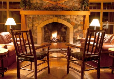 Fireplace - fire, chairs, lamp, winter, fireplace, christmas