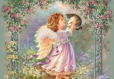 A LITTLE ANGEL - garden, angel, cat, flower