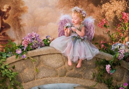 LITTLE ANGEL - bridge, angel, little girl, flower