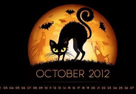 Scaredy Cat - black, bats, halloween, orange, light, cat