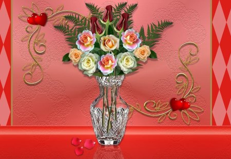 ROSES With Love - heart, rose, gold, pink, red, beautiful, photoshop, golden, flower