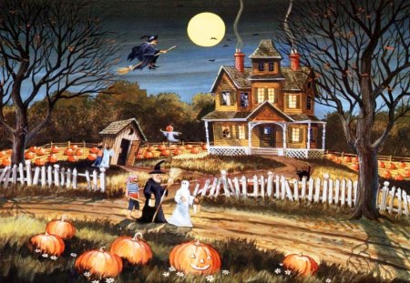 A Country Halloween - witch, moon, halloween, children, night, spooky