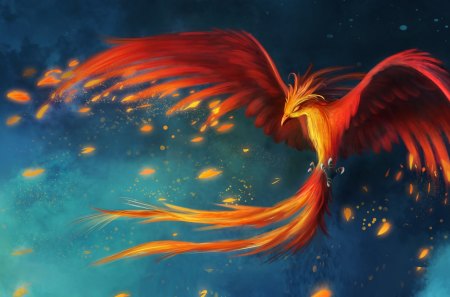 Phoenix - feathers, animals, wings, phoenix, fire, fantasy, bird, paint, phienix, yellow, red, blue, orange, suspended, birds