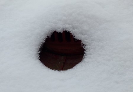 a round hole molten in the snow on the roof - snow, hole, winter, roof