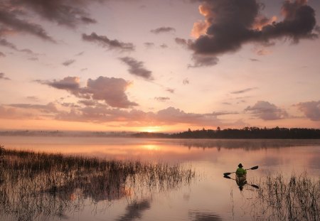 amazing lake sunrise - clouds, sunrise, lake, kayak