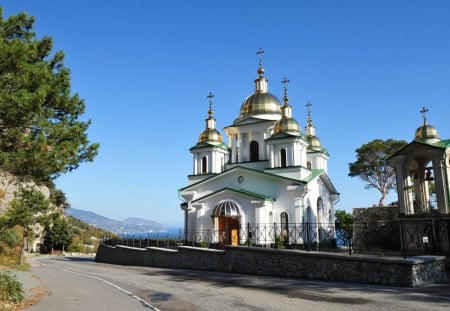 crimean church on a road to the sea - hill, trees, church, road, sea