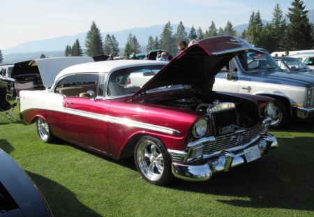 1956 Chevrolet Bel Air - white, red, headlights, chevrolet, chrome, engine, black, photography