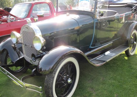 1928 Ford  Model A - headlights, ford, nickel, black, photography, tires, green, grass