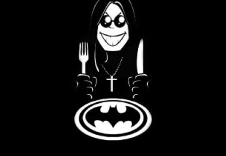 Ozzy Hungry - black, white, ozzy, knife, batman logo, cross, fork