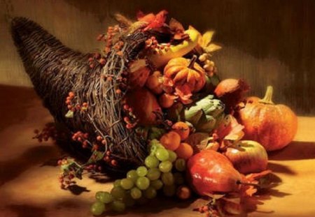 Give Thanks - season, fruits, thanksgiving, still life, apples, pumpkins, nature, fall, flowers, grapes