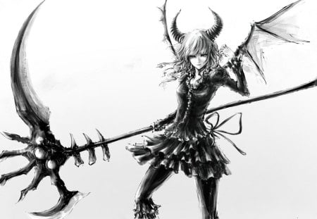 Black Rock Shooter - black, anime, white, woman, devil, beauty, beauiful, dark