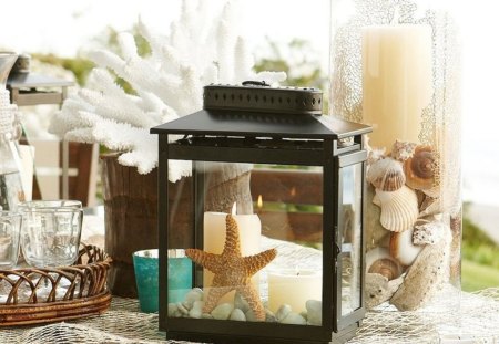 OCEANIC STILL LIFE - coral, shells, oceans, starfishes, seashells, candles, baskets, lantern