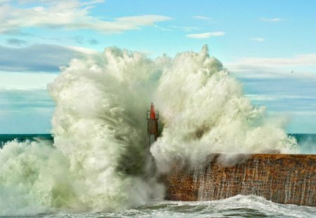 Lighthouse - painting, ocean, lighthouse, art, surf, shore, sea, coast