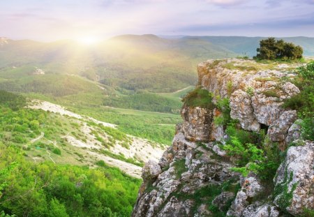 Beautiful Nature - clouds, trees, fields, beautiful, sunshine, forests, nature, green, sky, rocks