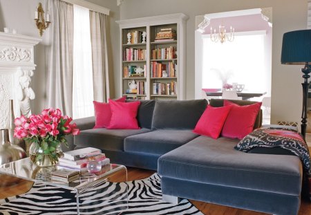 Beautiful Room - pretty, book, room, pillows, books, pink, interior, home, flowers, pillow, pink flowers, houses, living room, vase, house, sofa, beautiful, table, beauty, colors, lovely, architecture, design