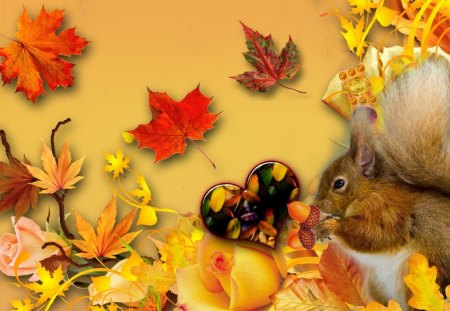 Happy Fall Squirrel - fall, leaves, squirrel, yellow rose, heart, gold, acorn, orange, autumn