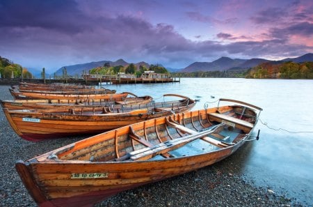 Beautiful Place - beach, boat, splendor, landscape, purple, view, purple sky, lake, sky, clouds, stone, water, beautiful, beauty, colors, lovely, boats, nature, sunset, peaceful