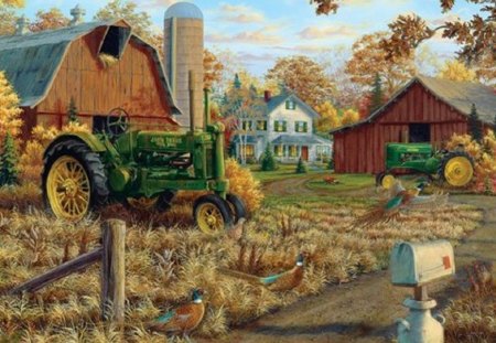 Rustic Farm in Autumn - john deere, tractors, autumn, farmhouse, farm, architecture, barns