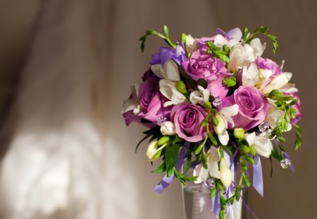 Beautiful Bouquet - purple rose, rose, with love, beautiful, bouquet, vase, photography, nature, purple, for you, pretty, beauty, flowers, still life, roses, purple roses, lovely