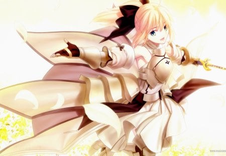 Saber Lily - saber, fate zero, emiya kiritsugu, fsn, caster, white, red eyes, lancer, irisviel von einzbern, blonde hair, anime, kimono, kotomine kireiparty, rider, shiro, yellow eyes, gilgamesh, come, blood, fate stay night, green eyes, war, armour, blue, video games, flowers, berserker, dress