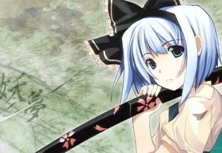 Youmu Konpaku - anime, blue, girl, sword, black, manga, white, youmu konpaku, green, video games