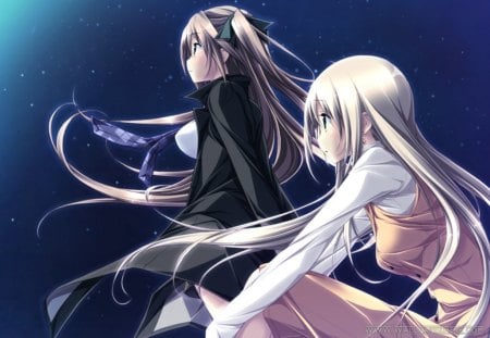 Wish You Were Here - girls, blond, fantasy, brown, lovers, dark, anime, past, moon, love, stars, night, long hair, waiting, dream, fate, abstract, wishes, friends, memories