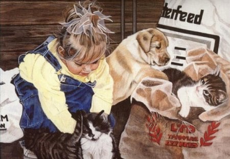 PLAYING WITH MY FRIENDS - dog, play, little girl, cat