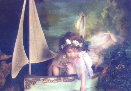 LITTLE ANGEL - angel, little girl, boat, flower