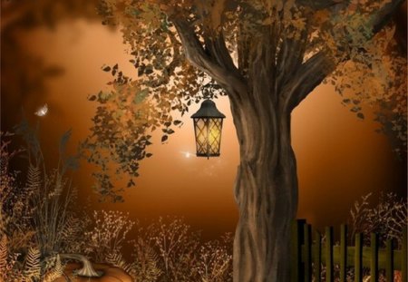 the lantern light - pumpkins, night light, tree, lantern