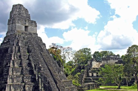 ancient pyramid - clods, trees, ruins, people, blue sky, grass