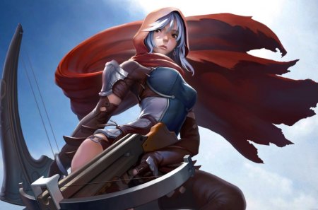 Hunter - sky, female, calender, crossbow, anime, red cape, orginal, hunter