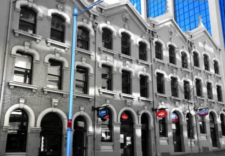 THE OLD AND THE NEW - pole, blue, windows, building