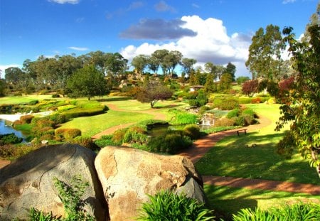 NICE BACKYARD - sky, grass, trees, rocks