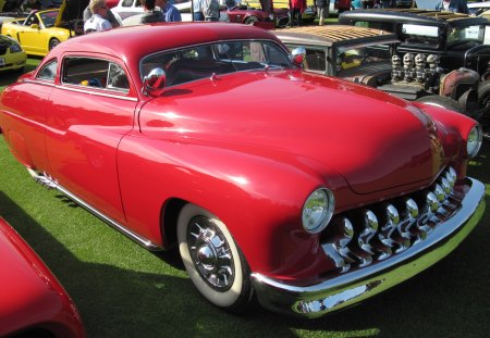 1950 Ford mercury low rider with side pipes  - white, red, headlights, ford, photography, mercury