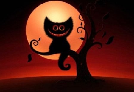 Hi - moon, kitten, halloween, tree, cat