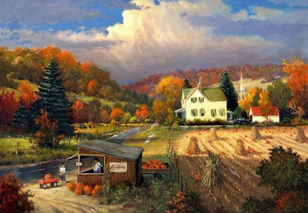 George Kovach. Pumpkin Corner. - nature, art, george kovach, pumpkin, tree