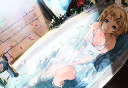 Anime - flowers, rin, vocaloid, anime, water, dress