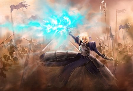 Saber - saber, swords, armor, fate stay night, fight, batttle, armour, soldiers, anime, weapons