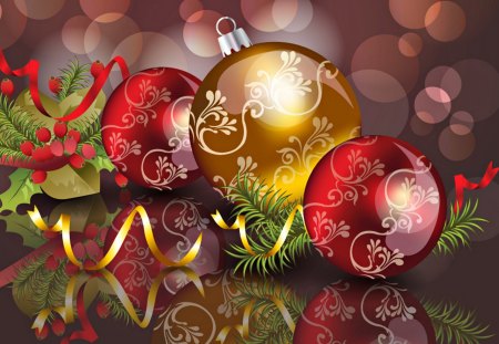 Merry Christmas - beauty, bokeh, new year, xmas, magic, magic christmas, christmas decoration, pretty, ribbon, lovely, christmas, happy new year, christmas balls, red balls, golden balls, merry christmas, beautiful, colors