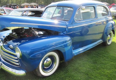 1946 ford deluxe 2 door sedan - white, ford, engine, headlight, photography, blue