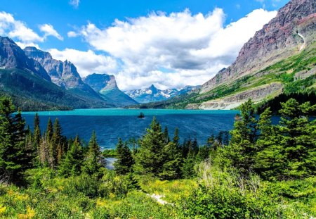 Mountain and blue lake - nice, slope, lake, sky, mountain, clear, peaks, lovely, nature, pretty, reflection, clouds, blue, beautiful, grass, snowy