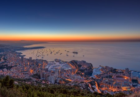 Monaco - lights, beautiful, architecture, view, light, city, sailboat, monaco, beauty, sailboats, buildings, peaceful, sky, building, houses, clouds, lovely, splendor, house, sailing, sea, colors, sunrise