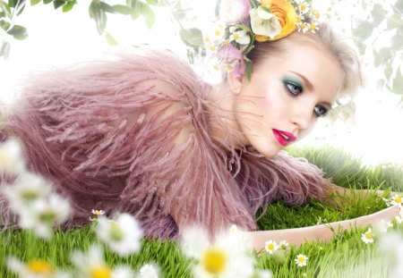 Girl with flowers - nice, woman, freshness, fragrance, field, make-up, meadow, face, pretty, feather, scent, tree, daisies, grass, fresh, lady, girl, summer, lovely, nature, beautiful, flowers